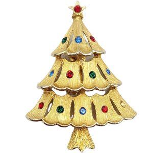 JJ Goldtone Rhinestone Christmas Tree Brooch